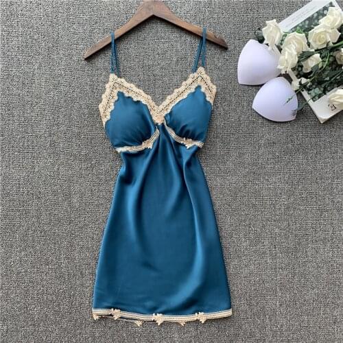 FZSLCYIYI Sexy Ladies Night Dress Silk Sleepwear Satin Nightgown V-neck Nighties Summer Lace Night Gown Lingerie For Women