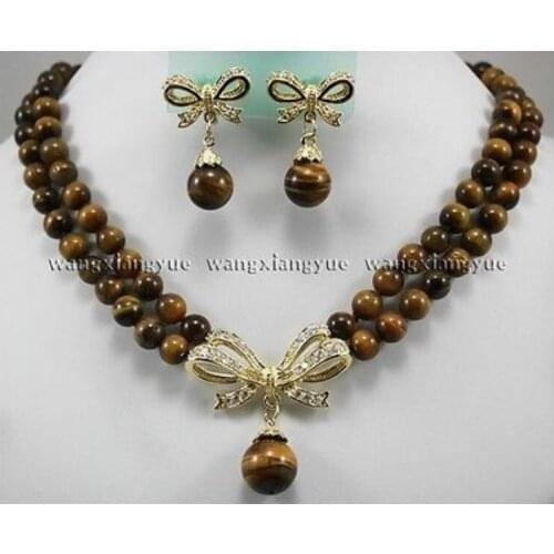 Hot selling> Tigers Eye Round Beads Pendant Necklace earrings set AAA Crystal Healing>>GP Plated gold Bridal wide watch -Br