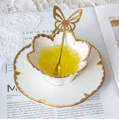 Ceramic Lace Tableware Set Dessert Oatmeal Bowl with Butterfly Golden Spoon Afternoon Tea Cup Homeware Decoration