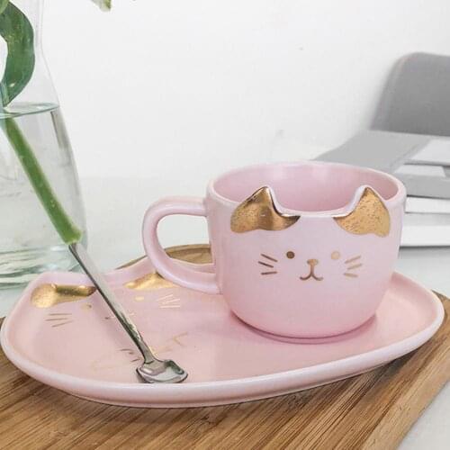Creative Coffee Cup Cat Painted Nordic Style Ceramic Home Coffee Mug Plate Spoon Set Breakfast Mugs Dessert Plate with Spoon