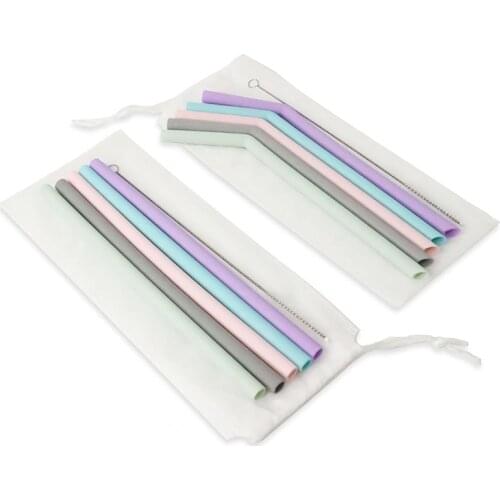 Kitchen Accessory Reusable Silicone Drinking Straws Foldable Flexible Straw with Cleaning Brushes Kids' Party Supplies Bar Tools