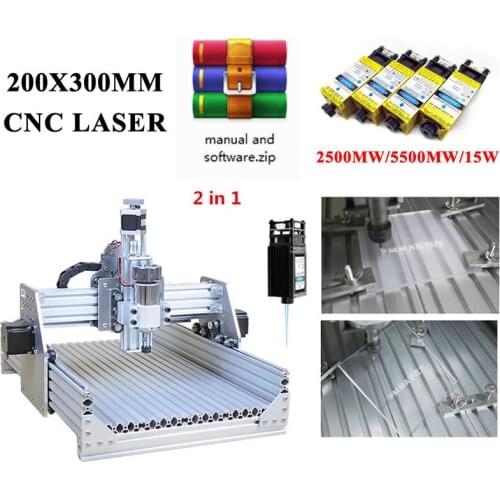 Mini diy cnc 2030 laser 2in1 router engraver laser engraving machine 2500mw 5500mw 15w for marking woodworking metal with manual