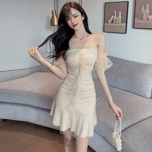 Fashion Summer Korean Sexy Off-Shoulder Mini Party Dress Ladies Streetwear Elegant Casual Vintage Puff Sleeve Mesh Short Dress