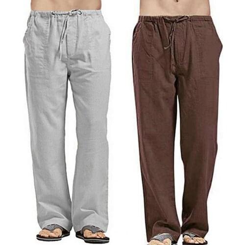 Men Straight Trouser Loose Pocket with Drawstring Summer Solid Color Linen Multi Pocket Pants Matching with Vest