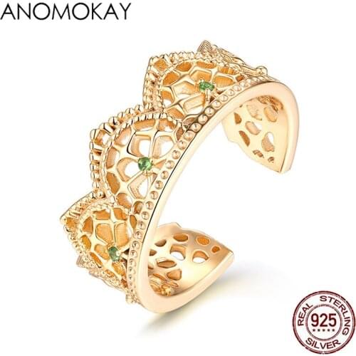 Anomokay New Hollow Lace Crown Open Gold Color Ring for Mom Lovers Green CZ 925 Sterling Silver Resizable Flower Rings Gift