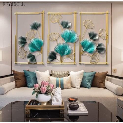 New Chinese Luxury Ginkgo Leaf Triple Wall Pendant Living Room Exhibition Hall Sofa Background Wall Decor Iron Home Decor