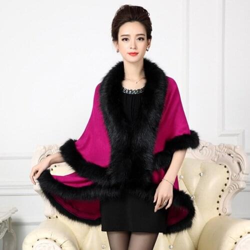 European American Winter Cloak Warm Wool Poncho Women Large Size Knitted Double Cardigan Imitation Fox Fur Shawl Cape Shawls
