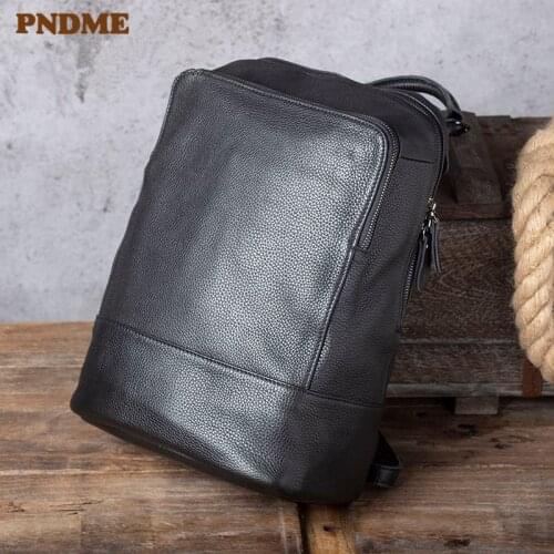 PNDME simple genuine leather mens backpack fashion casual designer natural soft real cowhide womens weekend travel bookbag