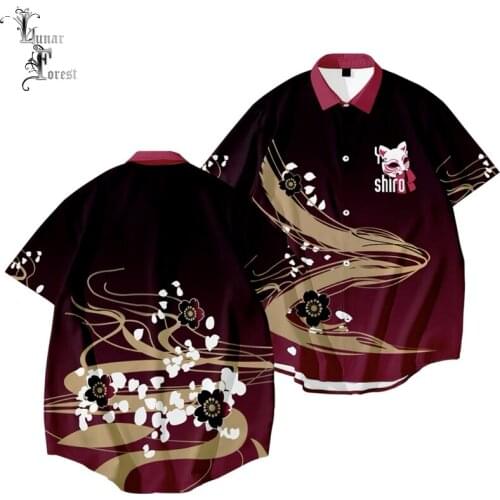 Fox Mask Sakura 3D Printing Unisex Shirt Casual Short Sleeve Cool Loose Button Streetwear Anime Harajuku Overclothes Oversize