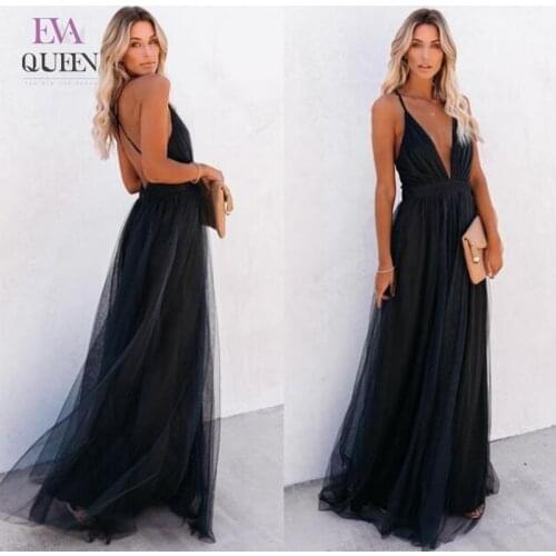 EvaQueen Mesh Sequined Black Maxi Dress Women High Split Lace Up Elegant Loose Dresses Backless High Waist Sexy Club Vestidos