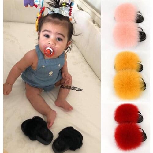 Girls Fluffy Furry Sandals Baby Plush Fox Fur Slippers Kids Toddler Flat Shoes Childrens Colorful Heel Strap Casual Slides New