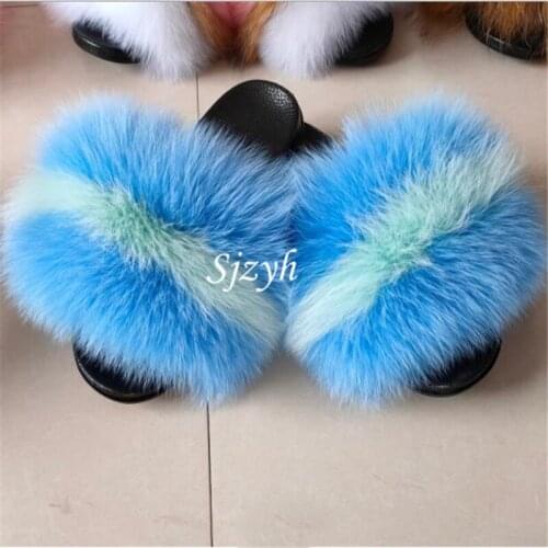 Wholesale Winter Girls Fox Fur Slides Ladies Indoor Warm Home Shoes Womens Plush Flip Flops Female Luxury Fluffy Fur Slippers
