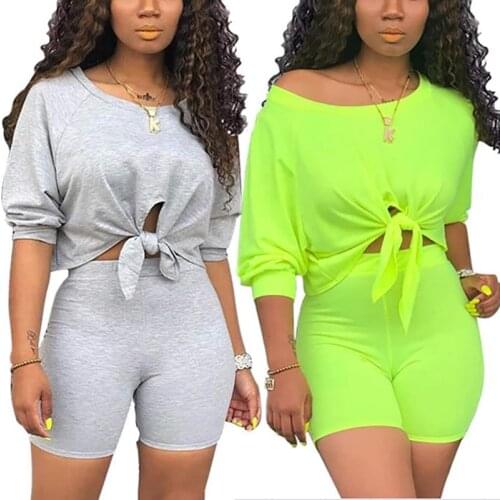 2 Pieces Suit Tracksuit Clothes Set Female Solid Color Short Sleeve Tops Long Skinny Shorts Sets Sportswear for Summer Female