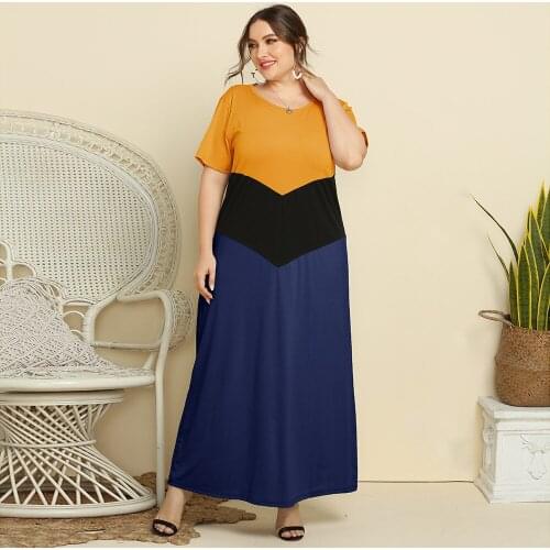 Loose Oversized Plus Size House Dress Women Summer O Neck Short Sleeve Contrast Color Patchwork Dress Maxi Long Dresses