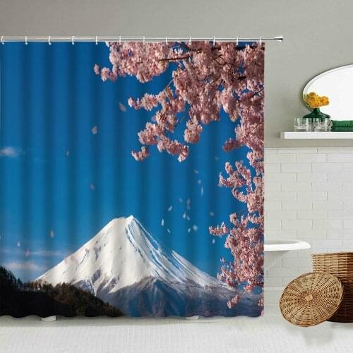 Japan Mount Fuji Scenery Shower Curtain Tower Romantic Cherry Blossom Flower Landscape Photography Bathroom Waterproof Screen