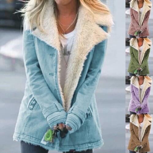 Women Winter Long Sleeve Faux Denim Jacket Vintage Lapel Single Breasted Coat Thicken Warm Plush Lined Loose Outerwear