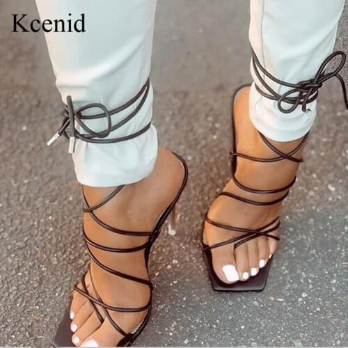Kcenid Gladiator Sandals Summer Women High Heels Sandals Cross-Tied Crystal Heels Sexy Ankle Lace Up Lady Stiletto Shoes Size 41