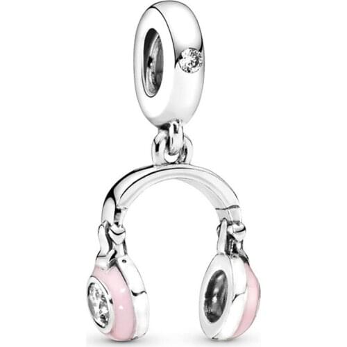 100% 925 Sterling Silver Charm Creative Pink Girl Earphone Pendant Fit Pandora Women Bracelet & Necklace Diy Jewelry