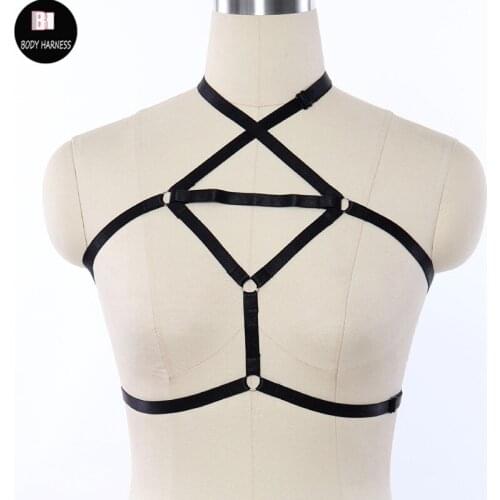 Women Sexy Crop Top Harness Goth Fetish Halloween Rave Wear Black Body Harness Pole Dance Bondage Bra Elastic Harness Lingerie