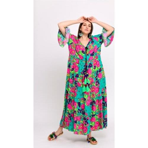 Tassel Collar Turquoise Fuchsia Color Long Boho Dress 2021 New Fashion Bohemian Style Authentic Women Clothing %100 Viscose