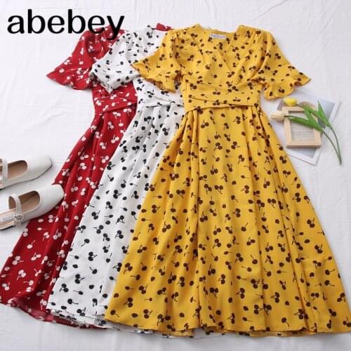 2021 New Spring Summer Women Sweet All-match Dress cherry love print V-neck Dress waist strap mid length Dress