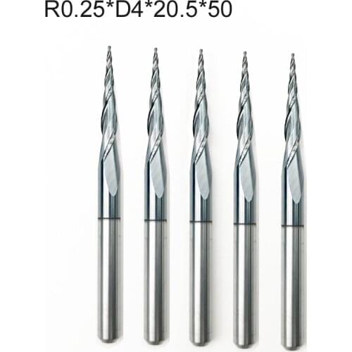 10PCS R0.25xD4x20.5x50mm HRC55 Tungsten solid carbide Tapered Ball Nose CNC Router Tools End Mills and cone wood MDF cutter Bit