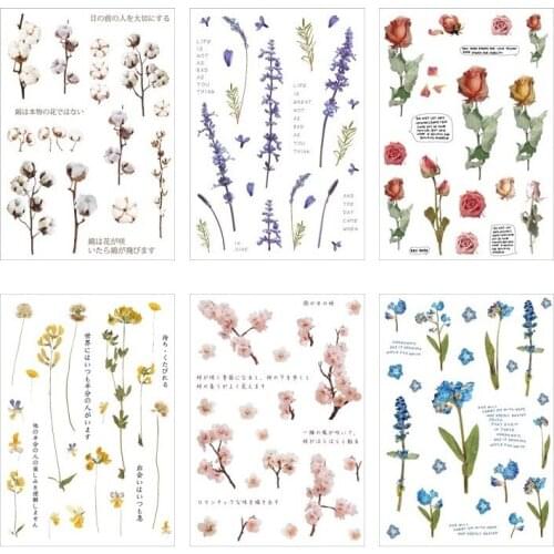 6 sheet Flower Stickers Set Cotton Lavender Rose Cherry Floral Sticker for Decoration DIY Album Diary Kids Student Gift F397