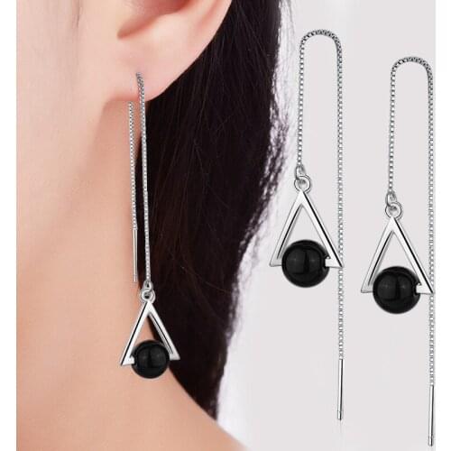 925 Sterling Silver Triangle Black Round Bead Charm Drop Earring For Women Party Jewelry eh744