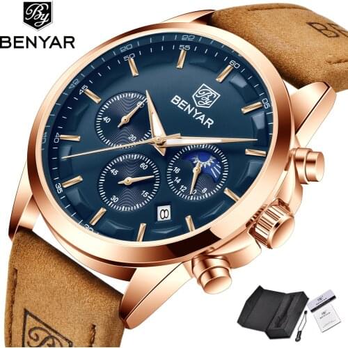 Benyar Watches Men 2021 Luxury Quartz Mens Watch Rose Gold Case Fashion Male Clock Chronograph Waterproof Sport Reloj Hombre