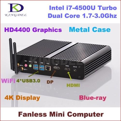 Free shipping Fanless Intel i7-4500U Mini PC HTPC, Barebone, 4096*2160, 4*USB 3.0, WiFi, HDMI,4K, Blue-ray, DirectX 11 supported