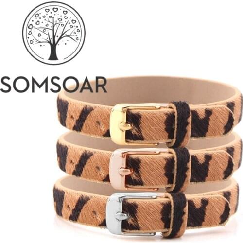 Somsoar Jewelry The tiger stripes Genuine Real leather Wrap Bracelets fit Story Slide Charms accessories 5pcs/lot