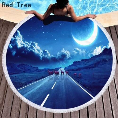 Adult Beach Towel Deer Moon Night Sky Round Picnic Yoga Mat Cartoon Tapestry Microfiber Swimming Pool Gym Bath Towel 150*150cm