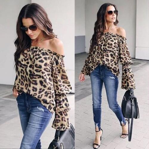 Fashion Womens sexy Hot Autumn Shirt Ladies Leopard Elegant Tops Bodycon Low cut Off Shoulder Long Sleeve Blouse