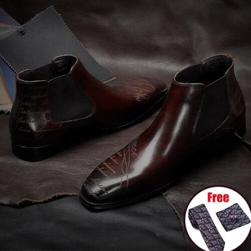 Men winter Boots Genuine cow leather chelsea boots brogue casual ankle flat shoes Comfortable quality slipon dress boots 2021