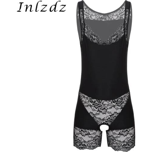 Mens Lingerie Open Crotch Bodysuit Erotic Sexy Sissy Nightwear Lace Patchwork Scoop Neck Crotchless Bodyshaper Sleepwear