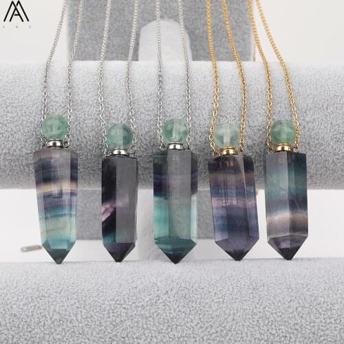 Natural Rainbow Fluorite Stone Perfume Bottle Pendant Necklace Women Hexagon Gems Stone Gold Stainless Steel Jewelry DSS-248AMBH