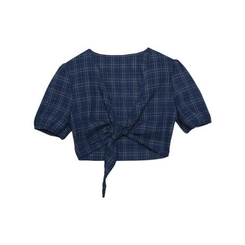 New Summer Women Streetwear Blue Plaid Bandage T-shirts Women Harajuku Punk Gothic Open Navel Sexy Fashion Top T-shirt