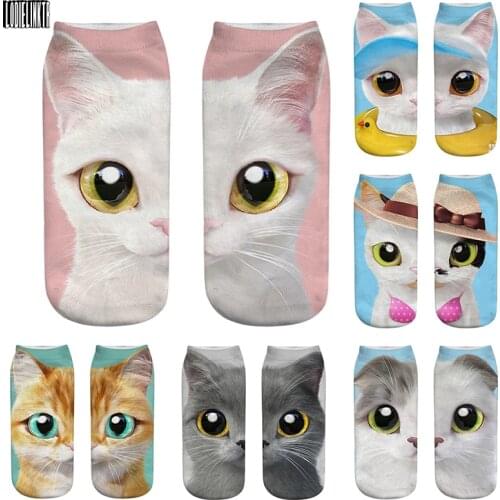 New Fashion 3D Printed Cute Cartoon Animal Summer Short Socks Creative Funny Cat Face Pink Women Happy Cotton Unisex Ankle Socks