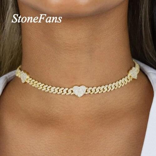 Stonefans Hip Hop Chain Cuban Link Heart Necklace Jewelry for Women Bling Miami Iced Out Chain Necklace Love Choker Jewelry