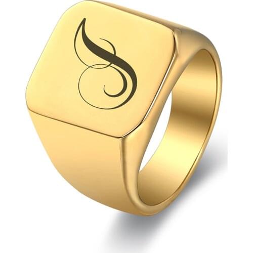 Personalized Heavy A-Z Initial Stamp Ring for Men Gold 316L Stainless Steel Geometry Unique Signet Ring Gift for Dad HR447
