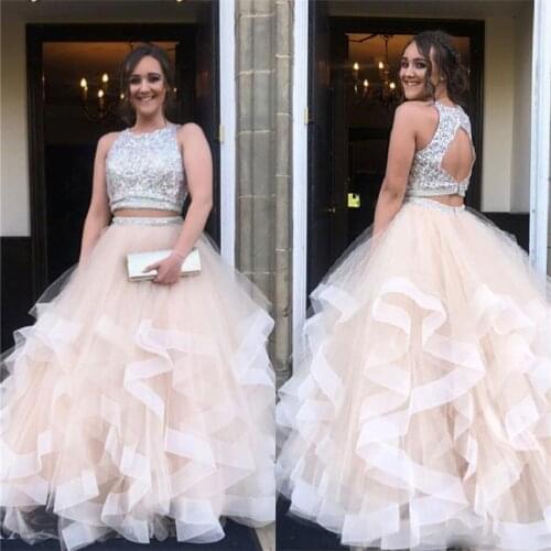 O-Neck Bling Bling Beaded Prom Dresses Ball Gown Tulle 2 pieces Special Occasion Party Gowns Sleeveless Custom Made Junior