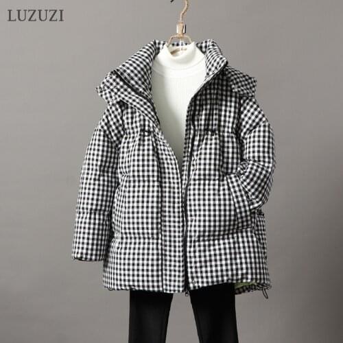 LUZUZI 2021 Winter Womens down jacket Hooded Black White Plaid Puffer Coat 90% White Duck Down Parkas Thick Warm Loose Outwear
