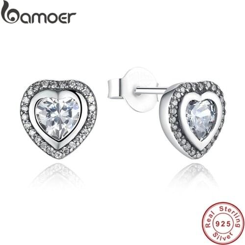 BAMOER 925 Sterling Silver Love Heart Shape Stud Earrings for Women Clear Cubic Zirconia Fashion Anniversary Jewelry PAS405