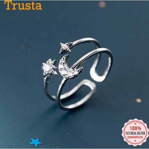Trustdavis Genuine 925 Sterling Silver Valentines Day Sweet Double Star Moon CZ Opening Ring For Women Fashion Jewelry DB431