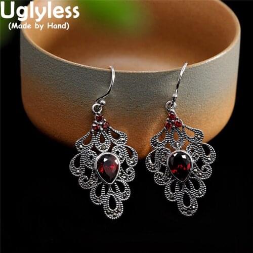 Uglyless Thai Silver Hollow Rhombus Exotic Earrings for Women Water Drop Garnet Earring Vintage 925 Silver Brincos Fashion Jewel