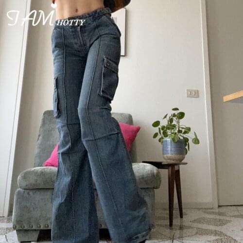 Big Pockets Flare Jeans Women Vintage Baggy Denim Pants Street Style High Waist Mom Jeans Cargo Pants Oversize Jeans Iamhotty