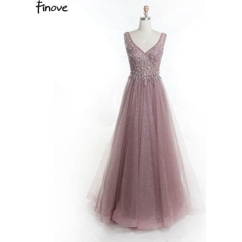 Finove 2021 A-Line Depp Pink Long Evening Dresses Party Elegant Sexy V Neck Bead Vestidos De Festa Prom Gowns For Women