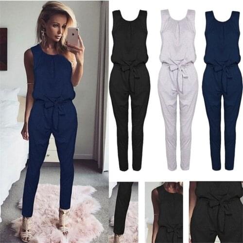 2020 Summer New Sexy Sleeveless Outfit Round Neck Straps Backless Pencil Pants High Waist Women Casual Bandage Jumpsuit