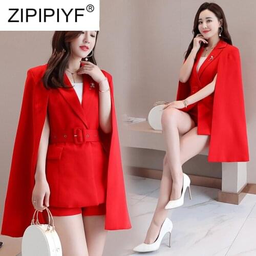 2019 New Arrival Womens Fashion Two-piece Suit Sets Solid Color Cape Design OL Blazer + Shorts C1824