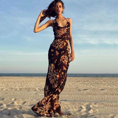 2021 Summer Print Holiday Maxi Dress Women Sexy Boho Beach Dresses Spaghetti Strap Backless Lace Up Party Club Long Dress